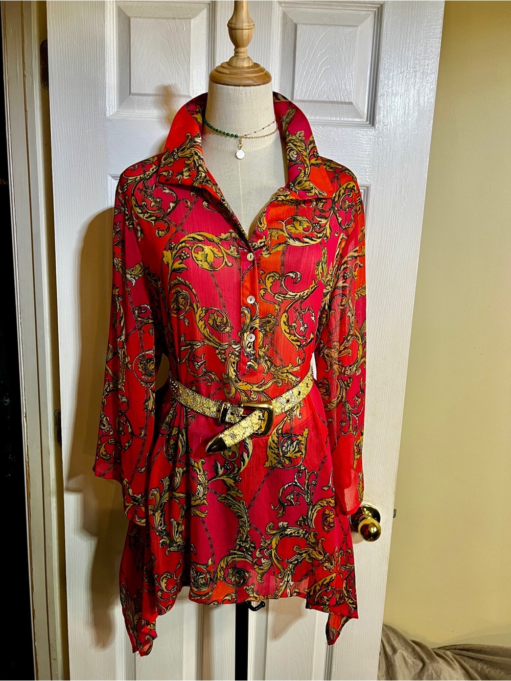 Sharagano‎ Wms Pink Orange Sheer Chain Print Boho Asymmetric Resort Beach Top XL